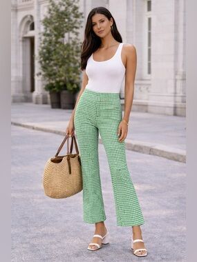 💚 NWT! ZARA Green Gingham Retro Check High Rise Flare Pants